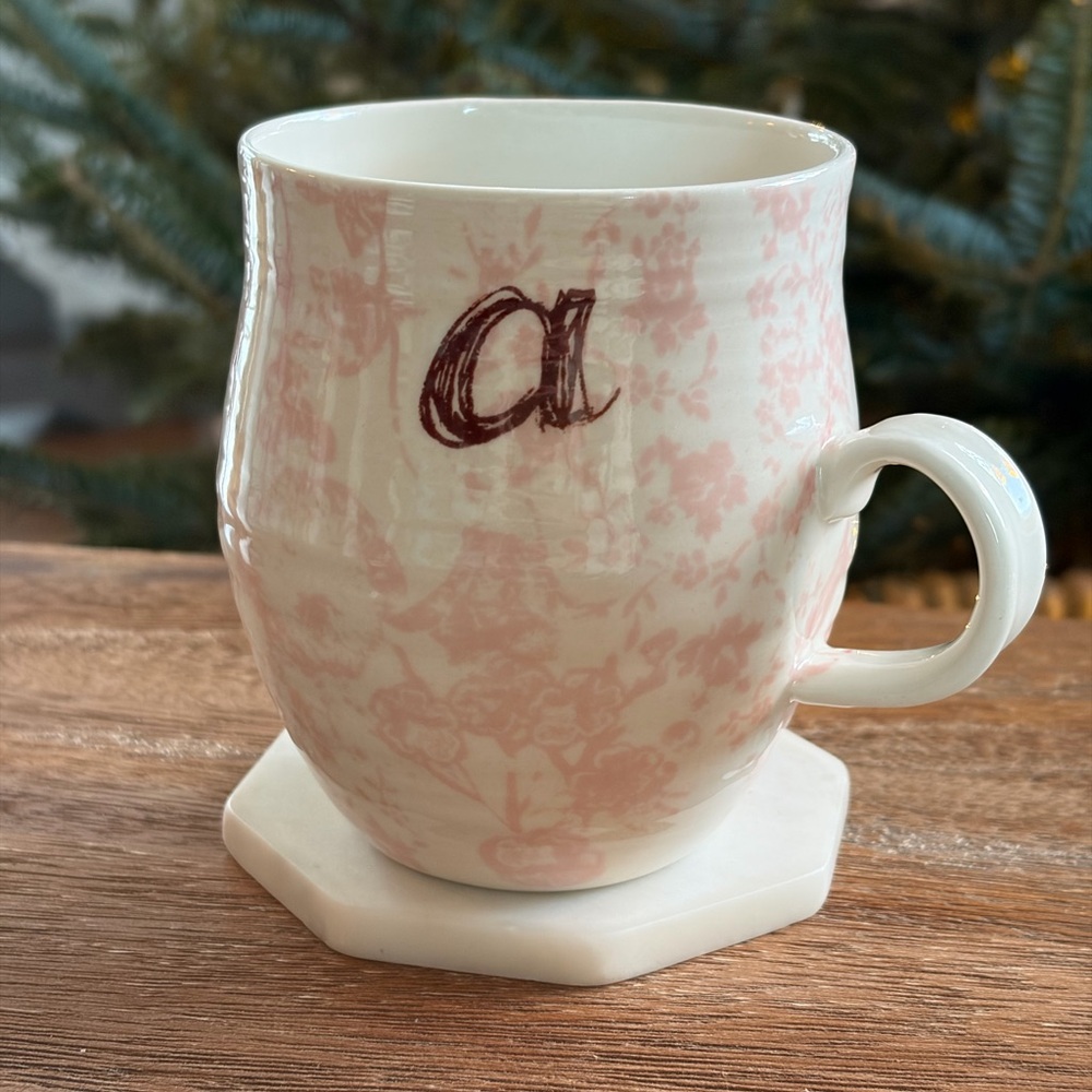 Anthropologie Pink Floral Monogram Mug “a”
